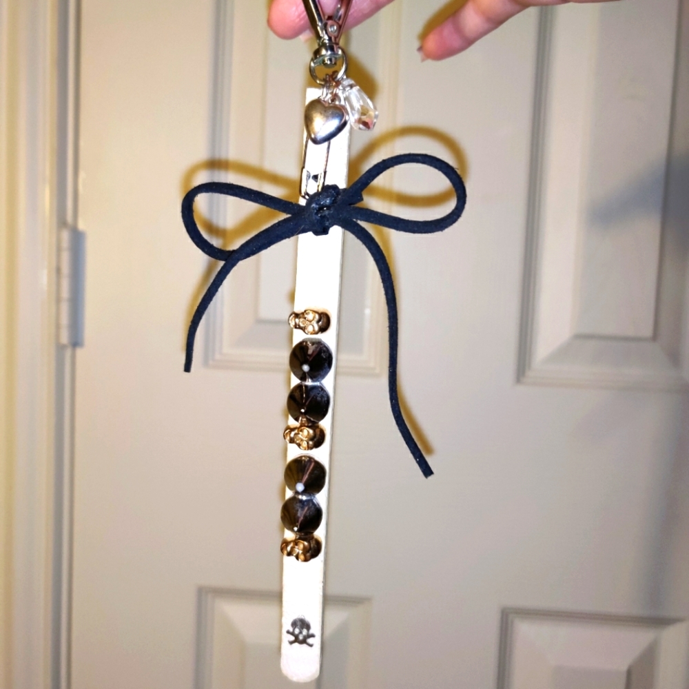 Skull Spiked Punk Edgy Goth Emo Keychain Purse Charm Bow Ribbon Gold plated